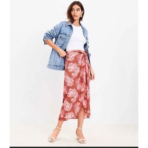 LOFT Floral Wrap Midi Skirt Brown Orange Pink Poppy Knot Front Size 14 NWT